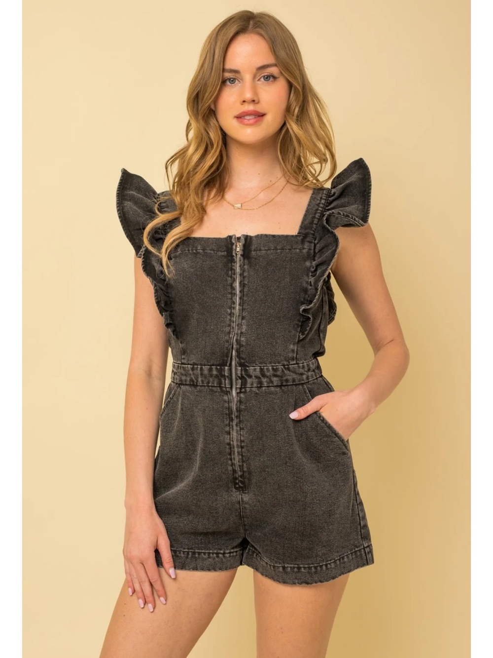 Gilli Washed Black Denim Ruffle-Strap Romper